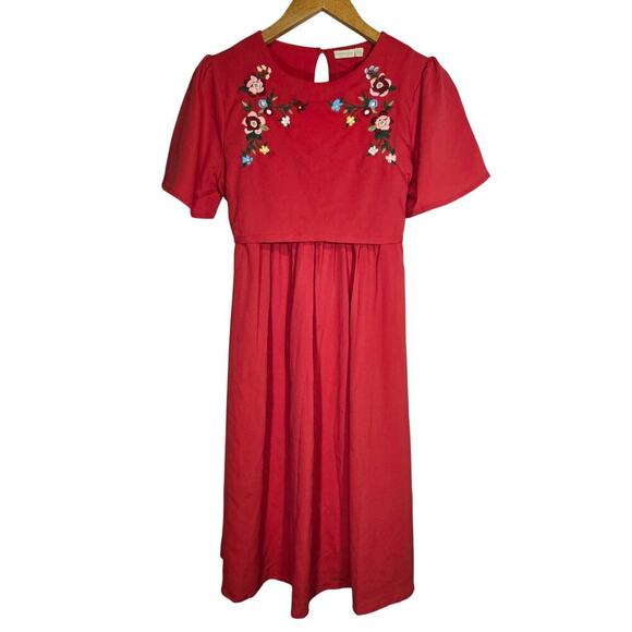 Vintage Jojo Mamen Bebe Red Layered Embroidered Midi Dress Bohemian Easter 8 - Picture 1 of 11